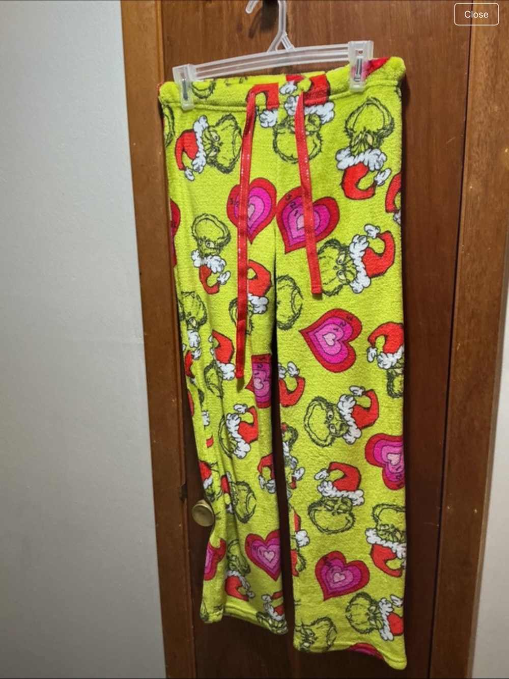 Adult Green Grinch Print Pajama Pants with Pink Hearts
